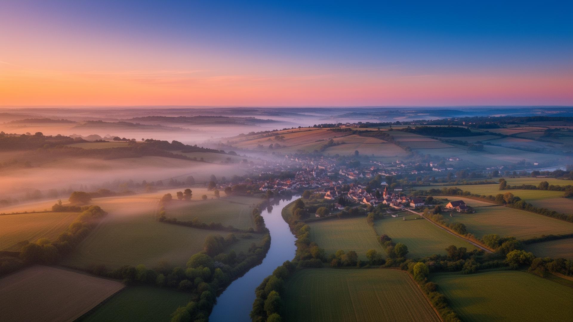 Vue aérienne d'une vallée française au crépuscule